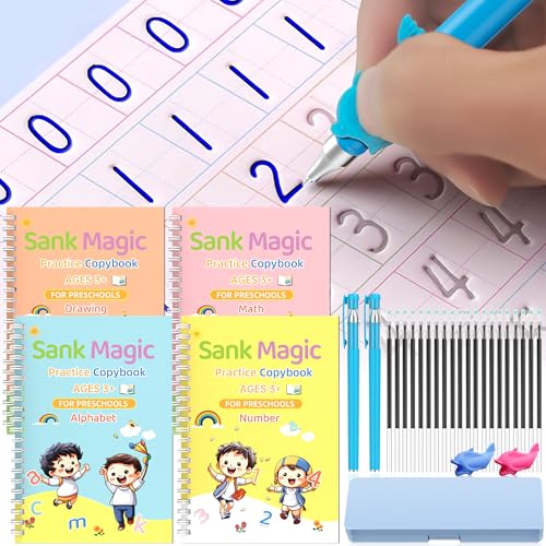 Magic grooved writing practice books Great for beginners, 4 books, 2 pens, 20 refills, 1 Blue pencil case. grooved handwriting practice for kids 3-10, reusable grooved handwriting workbooks. - color: Blue pencil case set