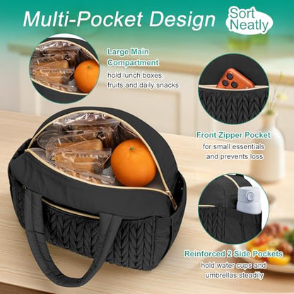 Coobiiya Cotton Quilted Lunch Bag,Cute Insulated Puffer Lunch Box for Women | Large Capacity Thermal Waterproof Cooler Bag for Work Picnic Travel - color: Black Woven Cotton