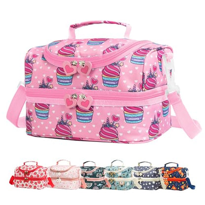 Insulated Kids Dual Compartment Lunch Bags Tote for Girls Boys Toddler Lunch Boxes Pre-School Toddler Kindergarten Picnic Camp Food Cooler Thermal with Strap (Pink Unicake) - color: Pink Unicake