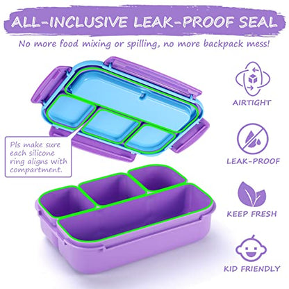 QQKO Bento Lunch Box for Kids Girls Boys, Toddler Kids Lunch Boxes for School, Lunch Containers for Adults with 4 Compartments, Sauce Container, Utensils, Food Picks and Muffin Cups, Purple - color: Purple