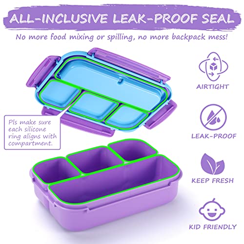 QQKO Bento Lunch Box for Kids Girls Boys, Toddler Kids Lunch Boxes for School, Lunch Containers for Adults with 4 Compartments, Sauce Container, Utensils, Food Picks and Muffin Cups, Purple - color: Purple