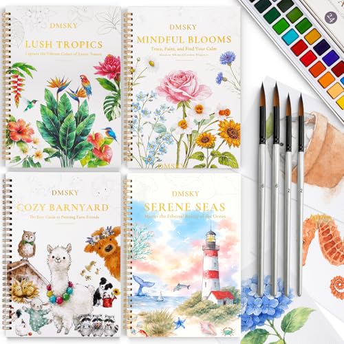 4 Pack Watercolor Workbook,Water Colors Paint Adult Set for Beginner with Step by Step,Relaxing & Easy to Paint Water Coloring Book with 24 Colors,Perfect for Gifting to Creativity & Joy for Adults - color: 4Pack Kit