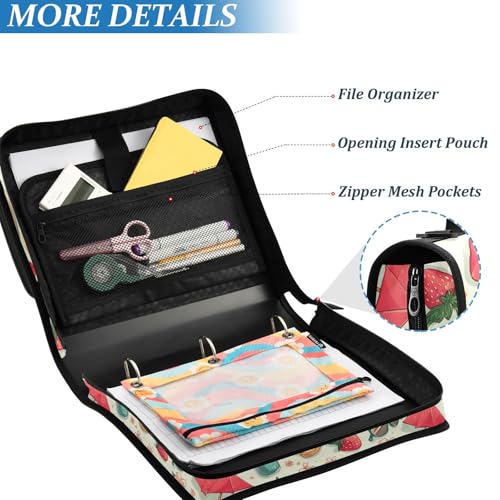 3 Ring Zipper Binder Strawberry Binders Bag with Shoulder Strap 500 Sheets Paper Organizer Trapper Keeper Documents Storage File Folder for School Office - color: A428
