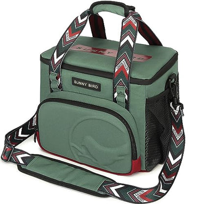 SUNNY BIRD 12L Large Insulated Lunch Bag, Foldable Lunch Cooler Box for Women Adult and Men, Fits 18 Cans (Green with Boho Strap) - color: Green with boho strap
