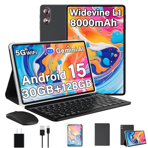 Android 15 Tablet 30GB+128GB+1TB Expand, 2026 10.1 Inch Octa-Core 8000mAh Electronics Tablets with Keyboard Mouse, Gemini AI, 5G WiFi, 1280x800 IPS Touchscreen, GPS, BT5.0, Widevine L1 -Metal Black - color: Black