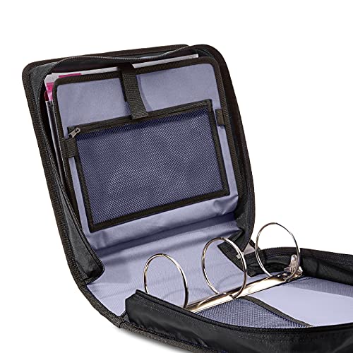 Amazon Basics Durable 3 Ring Binder with Zipper and Strap, Multiple Pockets, Sturdy Storage for School and Office, 3 inch, Black