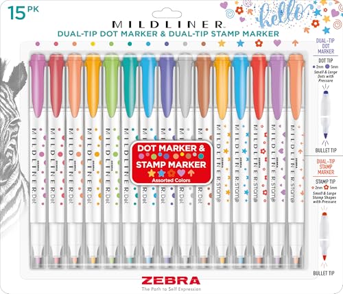 Zebra Pen Mildliner Dual-Tip Dot and Stamp Marker, Water-Based Pigment Ink, Dot Markets & Assorted Shape Stamp Markers, Assorted Colors, Ideal for Journaling and Bulleted Lists, 15-Pack (73315) - color: Assorted 15