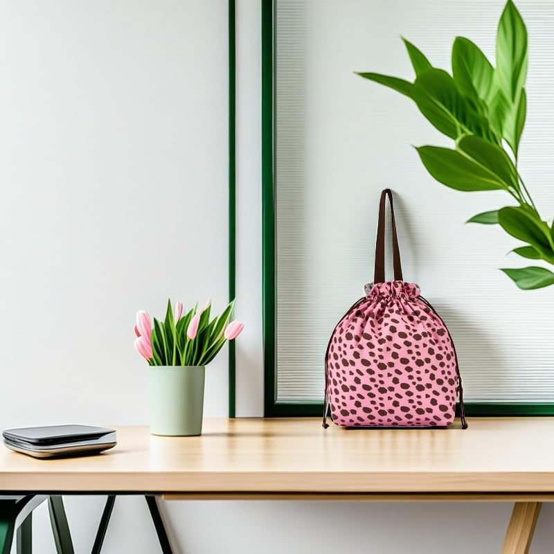 Reusable Lunch Bag,Canvas Drawstring Lunch Bag, Lunch Tote for Work, School, or Picnics, Lightweight & Waterproof, Keeps Food Fresh All Day(Pink Leopard Print) - color: Pink Leopard Print
