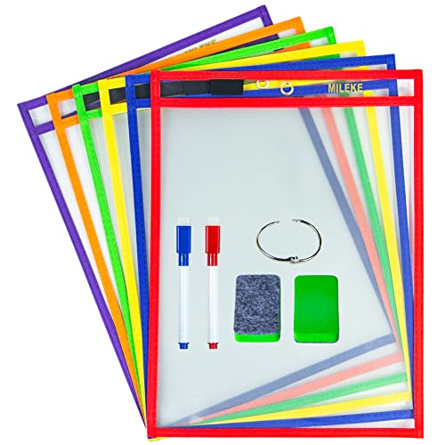 MILEKE Heavy Duty Dry Erase Pockets, Rewritable Dry Erase Sleeves for School and Work, Clear workSheet Protectors, 10" x 13.5" Plastic Ticket Holders, 6 Colors Assorted, Pack of 6 - size: 6pcs+marker+eraser+ring