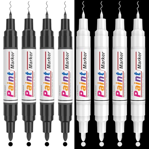 Dual Tip Paint Pens Paint Markers, 4 White & 4 Black Oil Based Permanent Markers - 0.7mm Extra Fine Tip, Waterproof, Quick-drying, Good Coverage for Rock, Metal, Tire, Plastic, Wood, Glass, Fabric