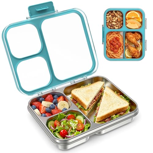 Stainless Steel Bento Lunch Box for Kids, 34oz/1000ml Leak Proof Metal Container for School, Lightweight 3mm Ultra-Narrow Bezel with Tritan Lid, 3-Compartment, BPA/BPS Free, Dishwasher Safe, Blue - color: Blue, size: 34oz/1000ml