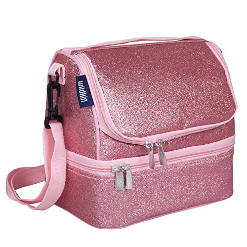 Wildkin Two Compartment Lunch Bag, Pink Glitter | Two compartments keep lunch and snacks separate, PEVA-lined main section, ages 5+ — clean solid colors - color: Pink Glitter