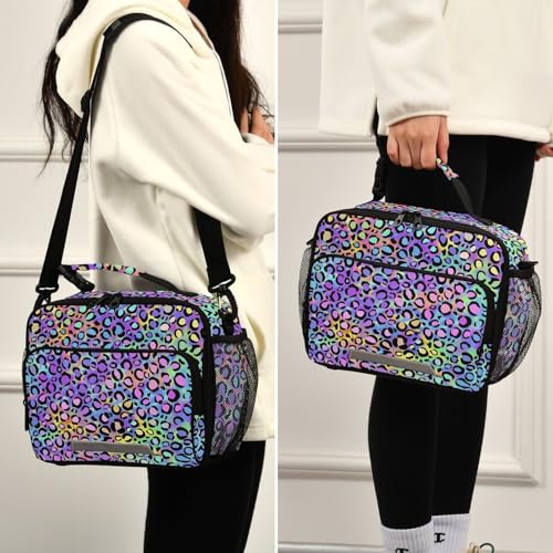 MNSRUU Student Lunch Bag Rainbow Leopard Insulated Lunch Totes Picnic Bag Lunch Box with Adjustable Shoulder Strap for Teen Kids Adults - color: Leopard 01