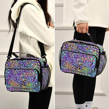 MNSRUU Student Lunch Bag Rainbow Leopard Insulated Lunch Totes Picnic Bag Lunch Box with Adjustable Shoulder Strap for Teen Kids Adults - color: Leopard 01