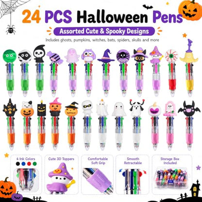 Vellibring 24 Pcs Halloween Pens 4-in-1 Mini Multicolor Retractable Ballpoint Pens Pumpkin Ghost Bat Witch Skull Cute Pens Halloween Party Favors Goodie Bag Fillers Classroom Rewards Stationery Gift - style: Cute Halloween-24pcs