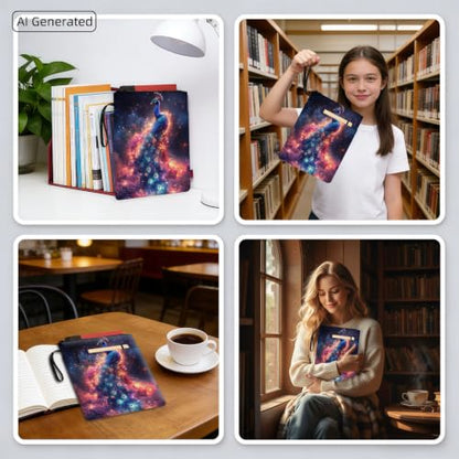 Padded Book Sleeve with Zipper & Front Pocket, Fabric Book Cover | Fantasy Nebula Peacock Bird11.4"x8.7" Washable Canvas Pouch for Hardcovers, Tablets & Reading Accessories - color: Fantasy Nebula Peacock Bird