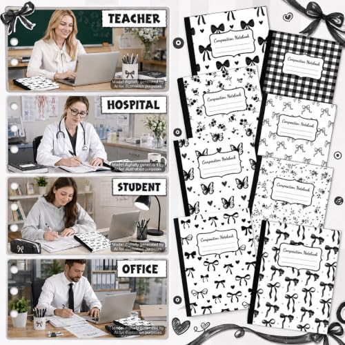 8 Pack Black Bow Composition Notebooks Bulk Black Notebook College Ruled Journal 100 Pages Cute Aesthetic Bow Composition Books Back to School Gift for Student Teacher Office Supplies 9.7x7.5 Inch - color: Black Bow