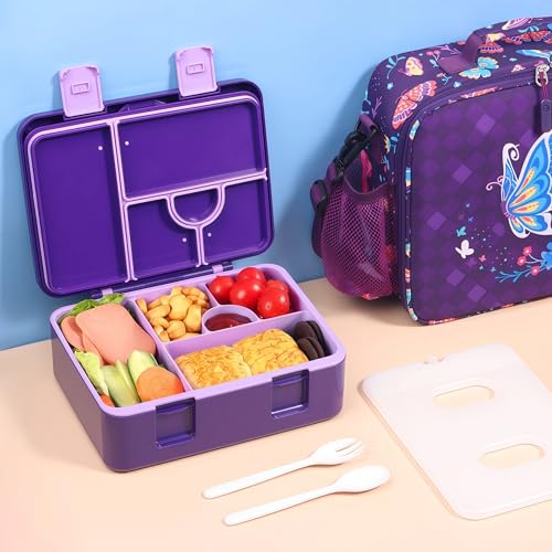 rockpapa Chill Bento Box for Kids- Large 5.5 Cups Lunch Box with Ice Pack - 5 Compartments, BPA-Free, Leak Proof, with Utensils & Portable Handle, Microwave/Dishwasher Safe (Purple Butterfly) - color: Purple Butterfly