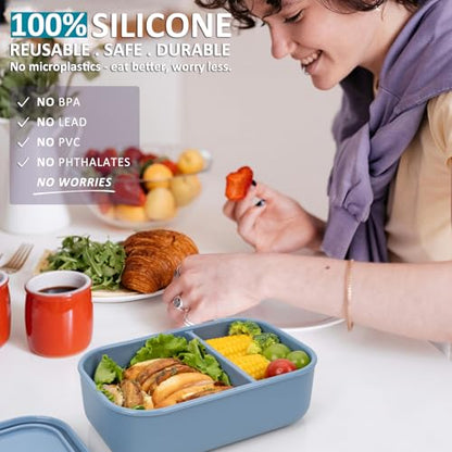 100% Silicone Bento Box Adult with 2 Compartments, 32oz, Reusable Divided Lunch Box Meal Prep Containers for Entree and Side Food Snack Storage, BPA-Free Plastic-Free, Microwave Dishwasher safe, Blue - color: Green | 32oz | 2-Compartment
