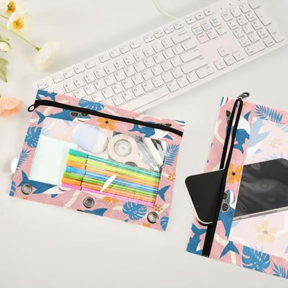 Blueangle Tropical Leaf Shark Pencil Pouch for 3 Ring Binder, 2 Pack Clear Window Zipper Pencil Bags for Office