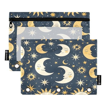 SUABO Sun Moon and Star Pencil Pouch for 3 Ring Binder, 2 PCS Binder Pencil Pouch with Zipper, Clear Window Zipper Pencil Case Pencil Bags for Office Supplies - color: Sun Moon