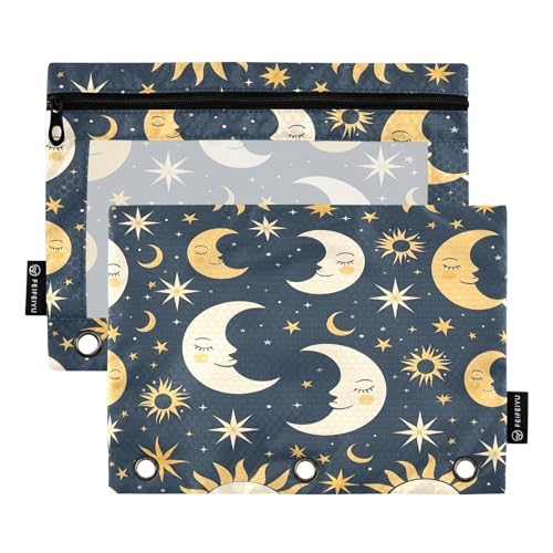 SUABO Sun Moon and Star Pencil Pouch for 3 Ring Binder, 2 PCS Binder Pencil Pouch with Zipper, Clear Window Zipper Pencil Case Pencil Bags for Office Supplies - color: Sun Moon