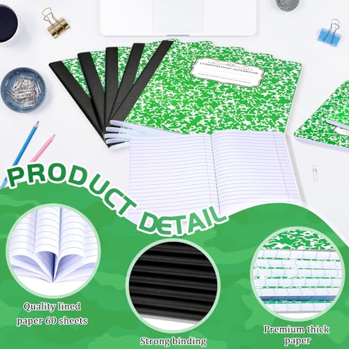 Seajan 20 Pack Composition Notebooks, Wide Ruled Paper, 7-1/2" x 9-3/4" Marble Hard Covers, 60 Sheets, Composition Notebooks Bulk for Students Back to School Adults Office Supplies(Green) - color: Green