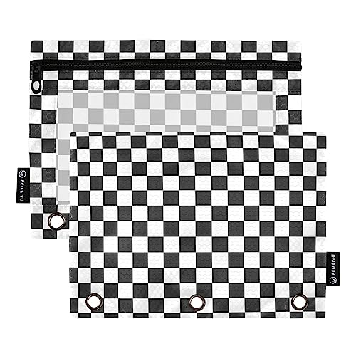 Fisyme Black and White Checkerboard Plaid Pencil Pouch for 3 Ring Binder Pencil Case Pencil Bag Zipper Pouch with Clear Window for Office Supply 2 Pack - color: Multicolored- White Black