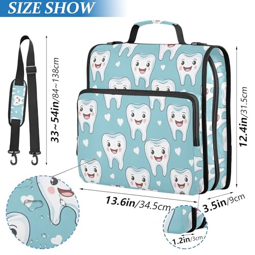 Cartoon Cute Teeth Dental Health Care Green Binder with Extra Pockets with Shoulder Strap Waterproof 1.5 Inch 3 Rings Storage Bag Portfolio Binder Office Supplies - color: Cartoon Cute Teeth Dental Health Care Green