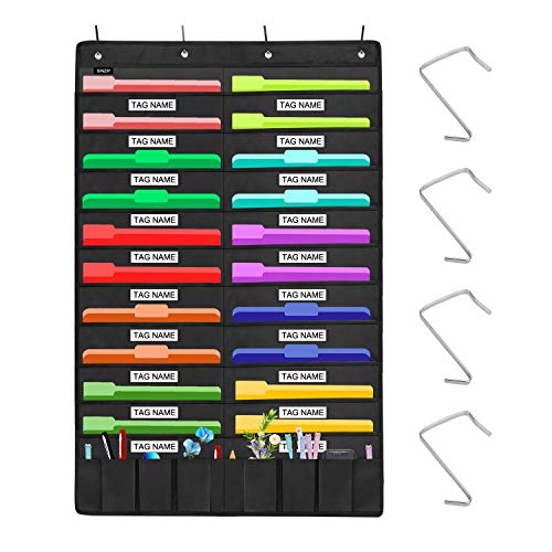 Heavy Duty 20 Pocket Door Hanging File Organizer with Name Tag Holders, Black Wall Storage Pocket Charts with 4 Hangers, Great for Classroom, School, Home or Office Use (20 Nametag Pocket) - size: 20 Nametag Pocket