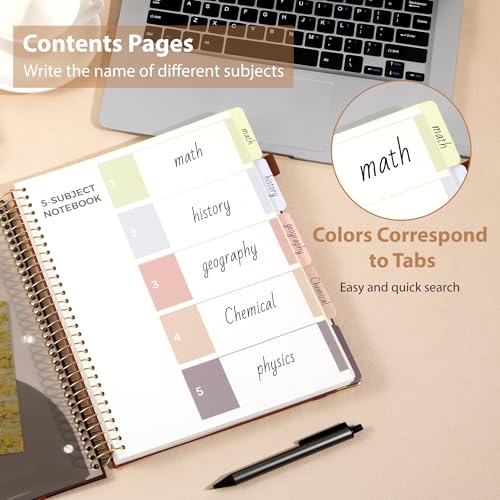 Yoment Hardcover Spiral Notebook 8.5" x 11" Leather 5 Subject Notebook College Ruled with Dividers Tabs 300 Pages Large Spiral Journal Notebooks for Work School Note-Taking Business, Green - color: Green