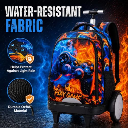 KLFVB Big Quiet-Glide Wheels Rolling Bookbag, 3-in-1 Wheeled Backpack Set with Lunch Bag | Water-Resistant Roller Bag for Boys, School, Travel, Play - Flame Game Controller - color: Rolling Backpack with Big Wheels - Flame Game