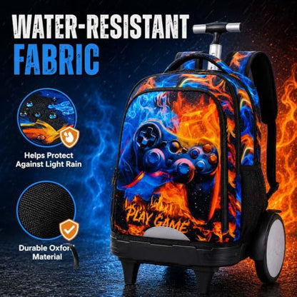 KLFVB Big Quiet-Glide Wheels Rolling Bookbag, 3-in-1 Wheeled Backpack Set with Lunch Bag | Water-Resistant Roller Bag for Boys, School, Travel, Play - Flame Game Controller - color: Rolling Backpack with Big Wheels - Flame Game