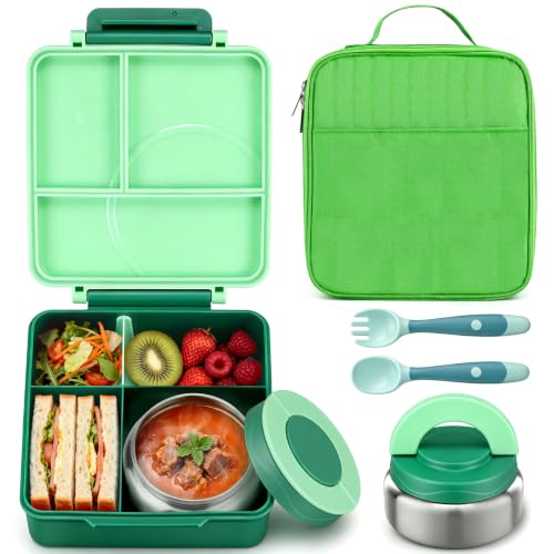 Itslife Bento Lunch Box for Kids with 8oz Soup Thermo&Lunch Bag, Leak-Proof Lunch Food Containers with 4 Compartment, Hot Food Insulated Food Jar for Kids School (Green) - color: Green