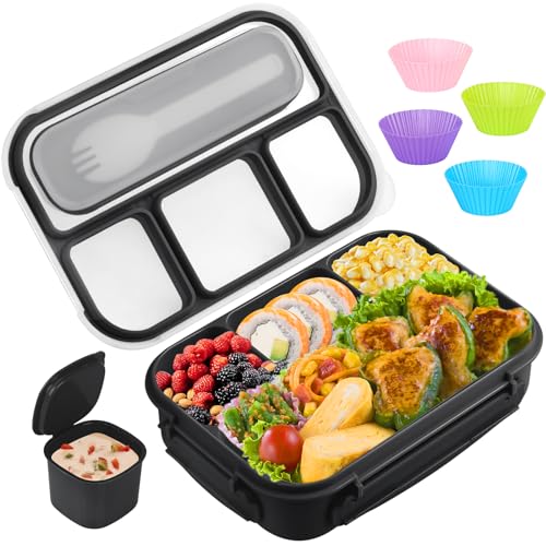 Yumuk Bento Box for Kids, 1300ML Lunch Box Kids with 4 Compartment & Food Picks Cake Cups, Lunch Box Containers for Adults/Kids/Toddler, Leak-Proof (Black) - color: Black