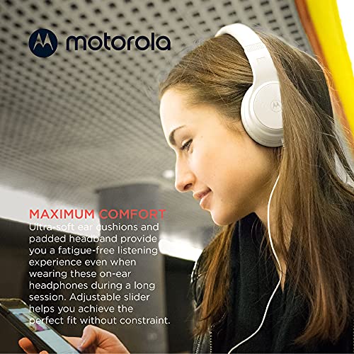 Motorola Sound Moto XT120 Over Ear Headphones Wired with Microphone, in-Line Command Control for Calls - Foldable Wired Headphones with Adjustable Cushioned Headband, Dynamic Bass, 3.5mm Jack - White - color: White