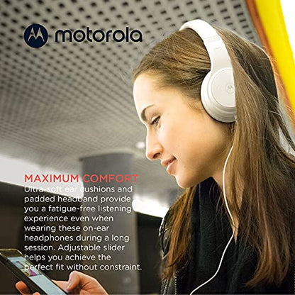 Motorola Sound Moto XT120 Over Ear Headphones Wired with Microphone, in-Line Command Control for Calls - Foldable Wired Headphones with Adjustable Cushioned Headband, Dynamic Bass, 3.5mm Jack - White - color: White