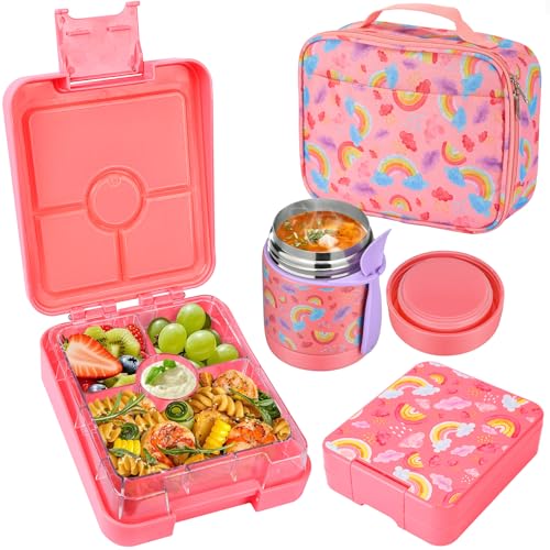 Pawtong Bento Lunch Box Set With 10oz Soup Thermo, Leak-proof Lunch Containers with 4 Compartment, Kids Hot Thermo Food Jar/Insulation Lunch Bag, Food Containers for School（Rainbow） - color: Pink-Rainbow