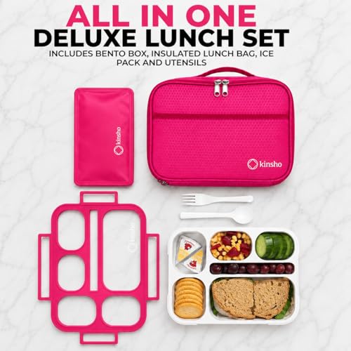 kinsho Lunch Box with Insulated Bag and Ice Pack for Girls Kids Teens, Bento Set, 6 Compartment Leak Proof Food or Snack Container, BPA Free, Microwave Safe, Ideal for School Travel, Pink - color: Pink