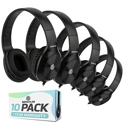 Sonitum Classroom Headphones-Bulk 10-Pack, Student On Ear Comfy Swivel Earphones for Library, School, Airplane, Kids-for Online Learning and Travel, HQ Stereo Sound 3.5mm Jack (Black)