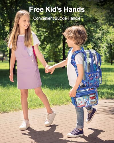 Bagseri Clear Kids Lunch Bag - School Snack Bag with Bottle Holder | Side Pocket, Buckle Handle, Wide Opening, PEVA Lining, School Boys Lunch Box, Clear Toy Bags, Blue Dinosaur - color: A-blue dinosaur