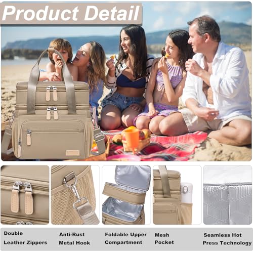 Weitars Insulated Lunch Box for Women Men-Dual Compartment Waterproof Reusable Large Lunch Bag Wide-Open Tote Cooler Bag For Working Picnic Hiking (15L) (Kahki) - color: Kahki
