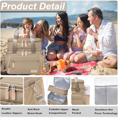 Weitars Insulated Lunch Box for Women Men-Dual Compartment Waterproof Reusable Large Lunch Bag Wide-Open Tote Cooler Bag For Working Picnic Hiking (15L) (Kahki) - color: Kahki