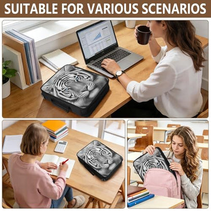 Heavy-Duty 3-Hole Ring System Binder Bag with 7-Compartment Document Sorter and 5 Elastic Pen Slots for Academic Lecture Halls Black White Tiger
