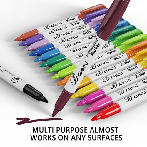 Buecs Permanent Markers, 96 Count Fine Point Permanent Markers, 16 colors, Waterproof & Smear Proof Markers, Quick Drying, Office Supplies for School, Office, Home
