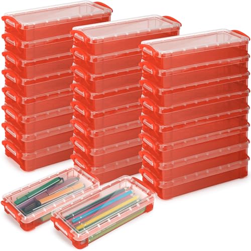 Gueevin 24 Pcs Large Capacity Plastic Pencil Box Clear Plastic Pencil Case Crayon Box with Snap Tight Lid Watercolor Pen Storage Brush Organizer Drawing Tools Container (Red) - color: Red
