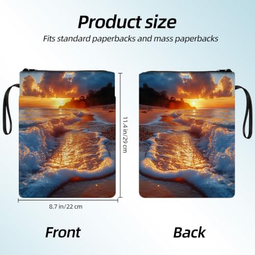 Padded Book Sleeve with Zipper & Front Pocket, Fabric Book Cover | Golden Sunset Beach Waves11.4"x8.7" Washable Canvas Pouch for Hardcovers, Tablets & Reading Accessories - color: Golden Sunset Beach Waves