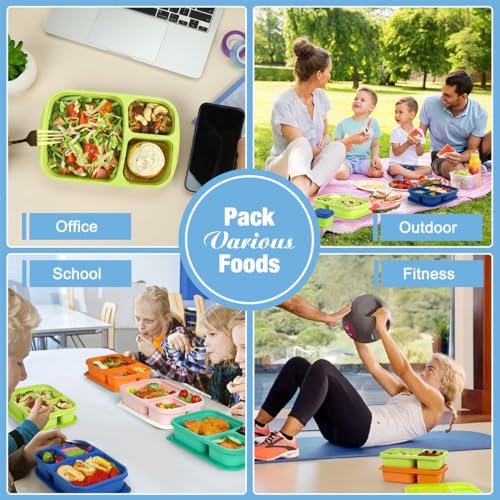 Caperci Bento Lunch Box Containers for Adults & Kids - 3-Compartment Reusable Meal Prep Containers with 2Pc Sauce Containers for School, Work, Travel, Wheat Straw, Set of 4 (Jewel Brights) - color: Jewel Brights