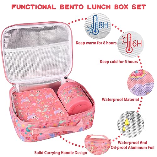 Bento Lunch Box Set for Kids with 10oz Soup Thermo, Leak-Proof Lunch Containers with 4 Compartment, Kids Thermo Hot Food Jar and Insulated Lunch Bag for Kid to School,BPA-Free(Mermaid) - color: Mermaid