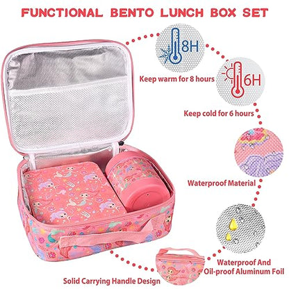 Bento Lunch Box Set for Kids with 10oz Soup Thermo, Leak-Proof Lunch Containers with 4 Compartment, Kids Thermo Hot Food Jar and Insulated Lunch Bag for Kid to School,BPA-Free(Mermaid) - color: Mermaid